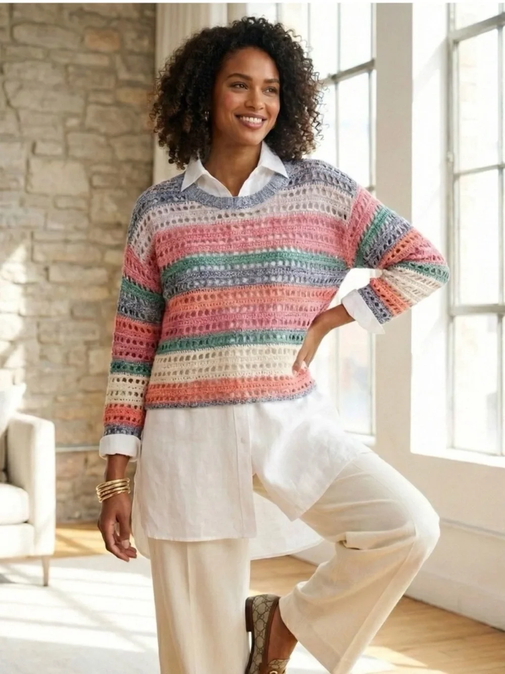 GAP Wide Sleeve Crochet 100% cotton Crew Sweater in Pink Multi XL